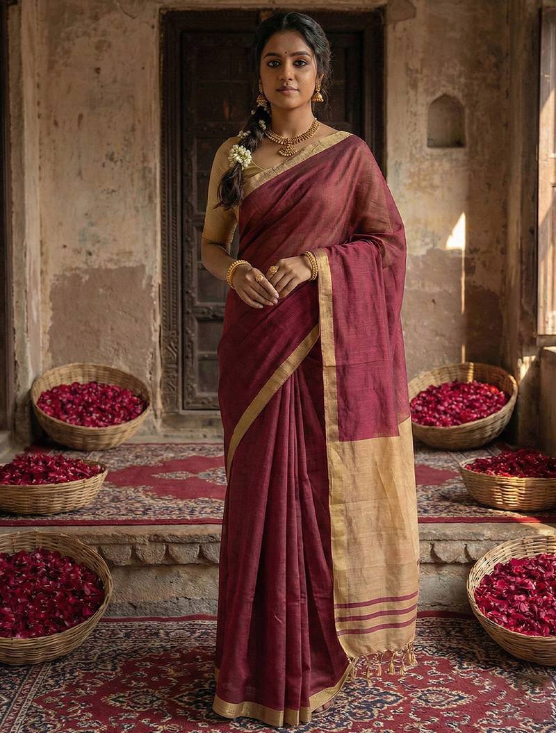 Wine colour handloom cotton saree with contrast border & tassels