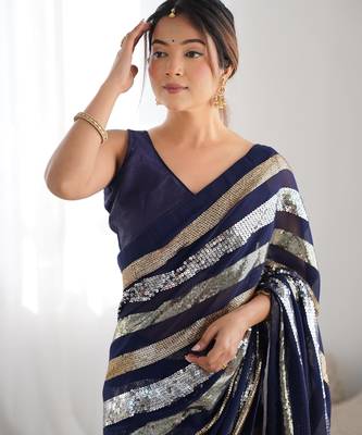 Blue colour heavy georgette sequin saree with blouse 3