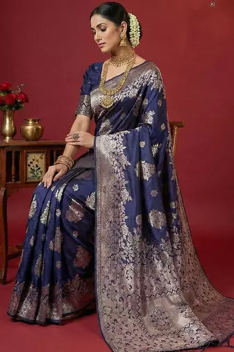 Navy blue colour silk blend woven zari designer saree with blouse