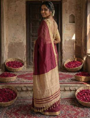 Wine colour handloom cotton saree with contrast border & tassels 3