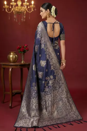 Navy blue colour silk blend woven zari designer saree with blouse