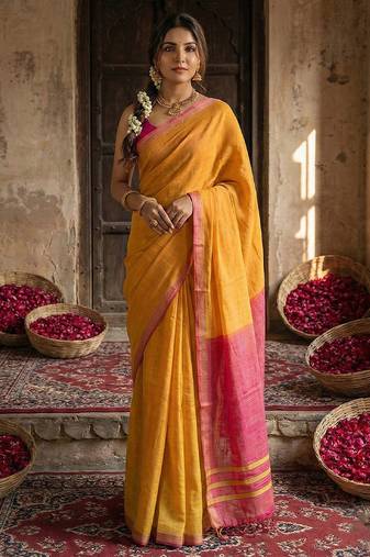 Gold colour handloom cotton saree with contrast border & tassels