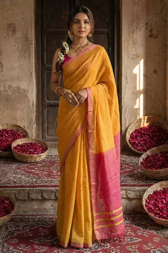 Gold colour handloom cotton saree with contrast border & tassels