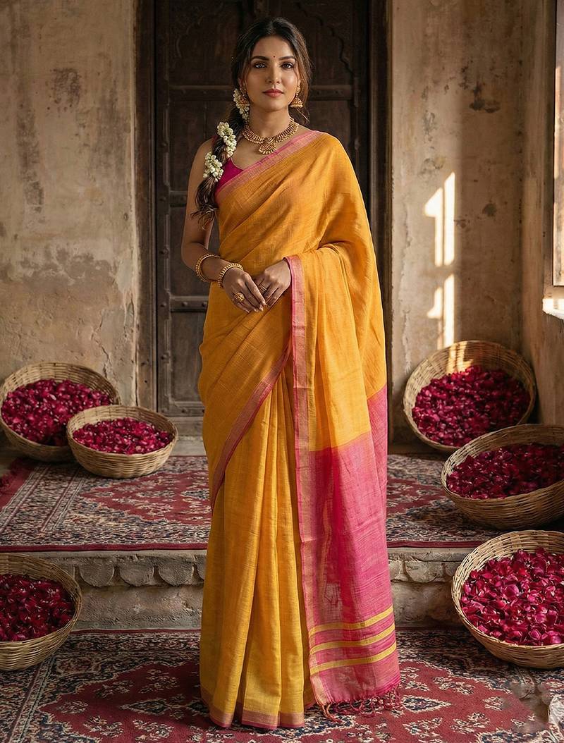 Gold colour handloom cotton saree with contrast border & tassels