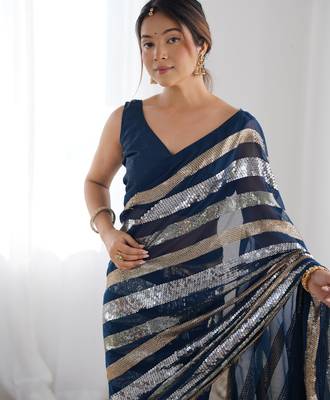 Teal colour heavy georgette sequin saree with blouse 2