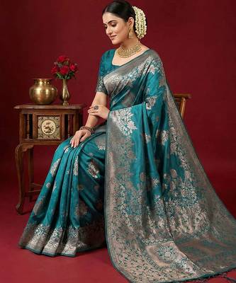 Sea green colour silk blend woven zari designer saree with blouse 2