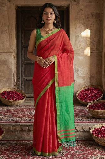 Pink colour handloom cotton saree with contrast border & tassels