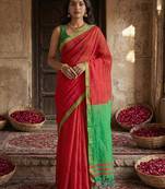 Pink colour handloom cotton saree with contrast border & tassels