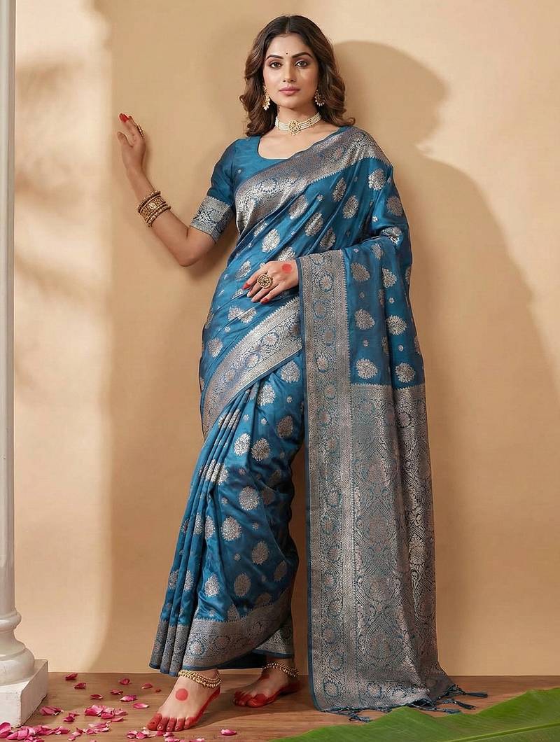 Teal blue colour silk blend woven designer saree with blouse