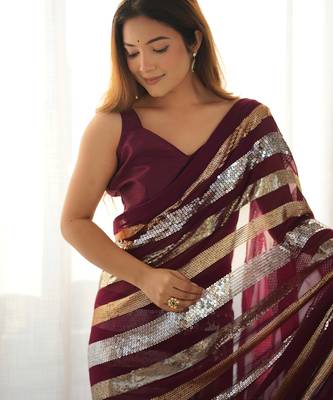 Wine colour heavy georgette sequin saree with blouse 2