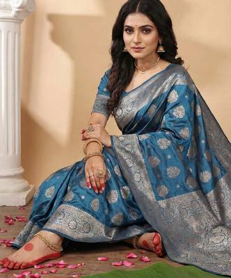 Teal blue colour silk blend woven designer saree with blouse 2