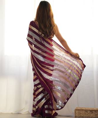 Wine colour heavy georgette sequin saree with blouse 3