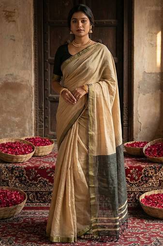 Beige colour handloom cotton saree with contrast border & tassels