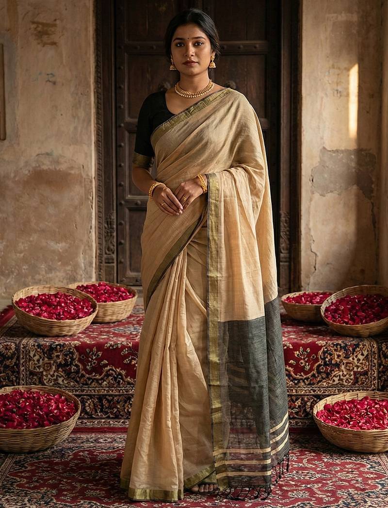 Beige colour handloom cotton saree with contrast border & tassels