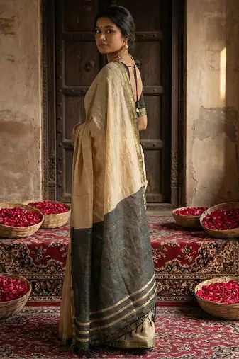 Beige colour handloom cotton saree with contrast border & tassels