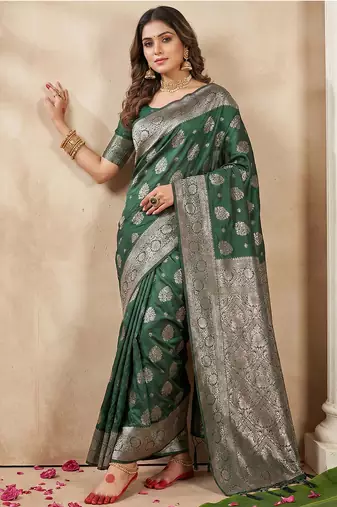 Green coloue silk blend woven designer saree with blouse