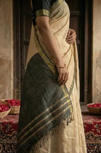 Beige colour handloom cotton saree with contrast border & tassels