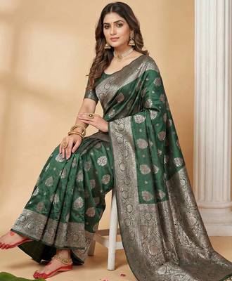 Green coloue silk blend woven designer saree with blouse 3