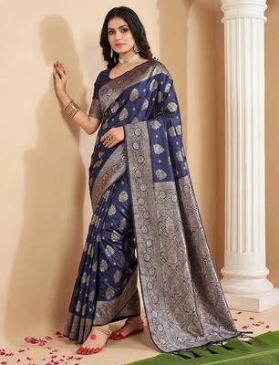 Navy blue colour silk blend woven designer saree with blouse 1