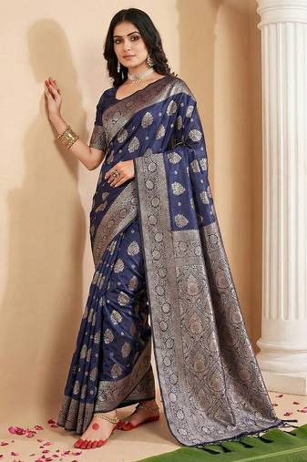 Navy blue colour silk blend woven designer saree with blouse