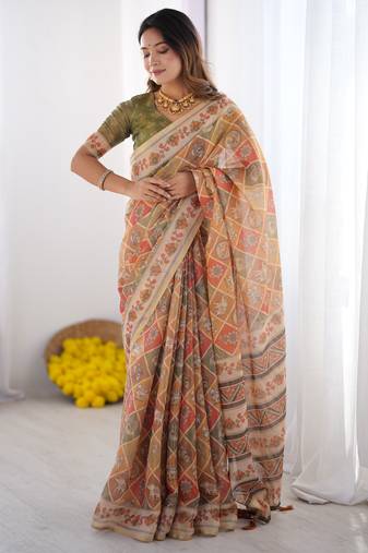 Orange color ready to wear saree with unstich blouse