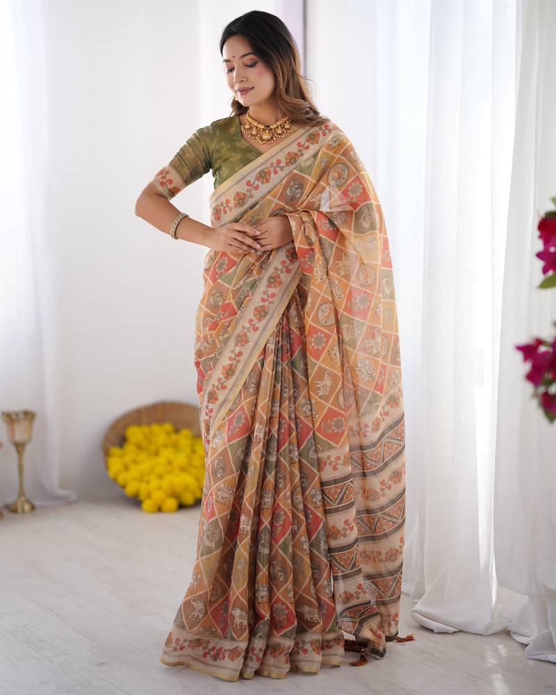 Orange color ready to wear saree with unstich blouse