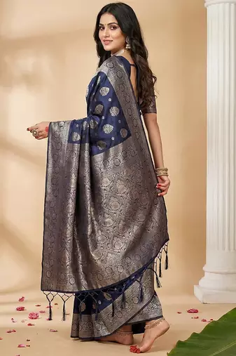 Navy blue colour silk blend woven designer saree with blouse