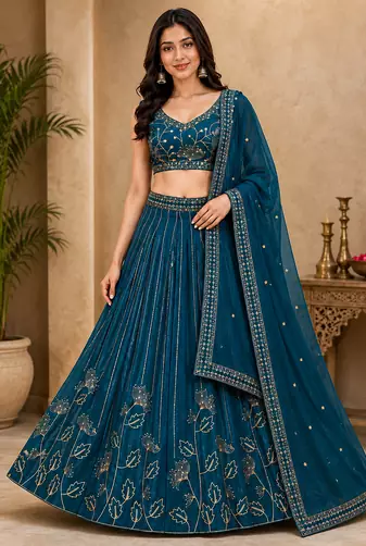 Blue Georgette Zari Sequence Embroidered Lehenga Choli with Dupatta