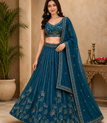 Blue Georgette Zari Sequence Embroidered Lehenga Choli with Dupatta