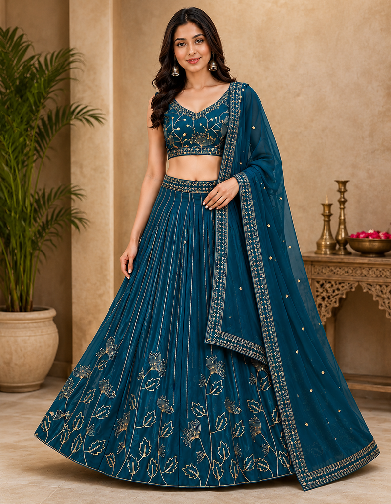 Blue Georgette Zari Sequence Embroidered Lehenga Choli with Dupatta