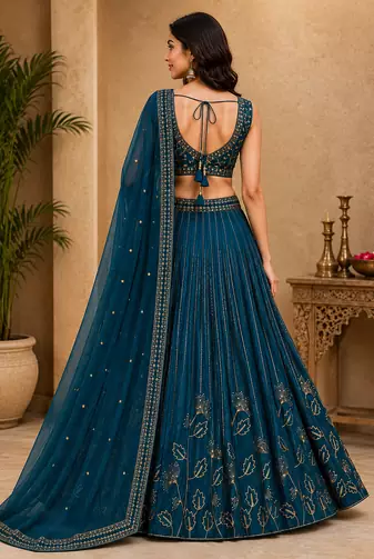 Blue Georgette Zari Sequence Embroidered Lehenga Choli with Dupatta