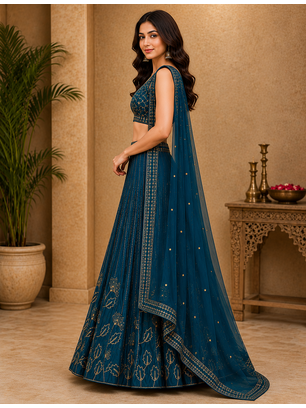 Blue Georgette Zari Sequence Embroidered Lehenga Choli with Dupatta 3