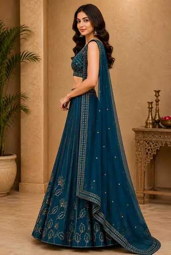 Blue Georgette Zari Sequence Embroidered Lehenga Choli with Dupatta