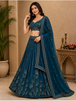 Blue Georgette Zari Sequence Embroidered Lehenga Choli with Dupatta 4