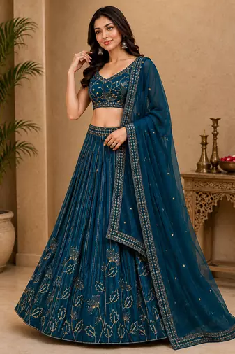 Blue Georgette Zari Sequence Embroidered Lehenga Choli with Dupatta