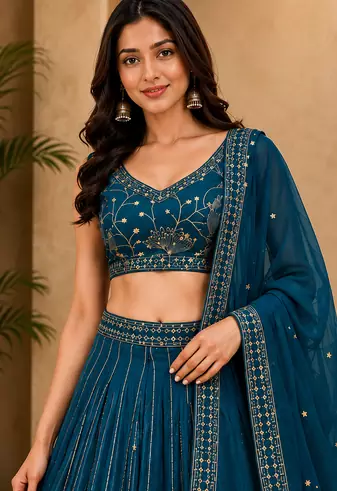 Blue Georgette Zari Sequence Embroidered Lehenga Choli with Dupatta