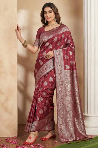 Maroon colour silk blend woven designer saree with blouse