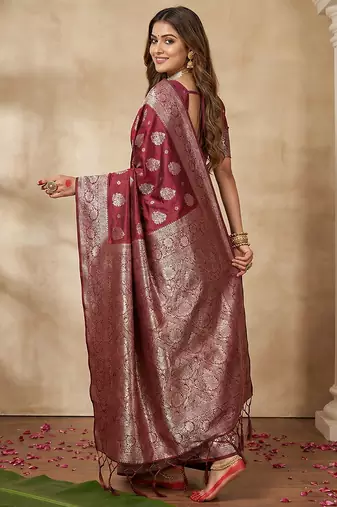 Maroon colour silk blend woven designer saree with blouse