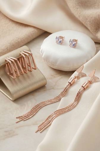 Wo  Set of 3 Rose-Gold-Plated Pear-Beaded Hoop Earrings
