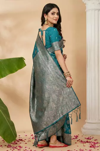 Sea green colour silk blend woven designer saree with blouse
