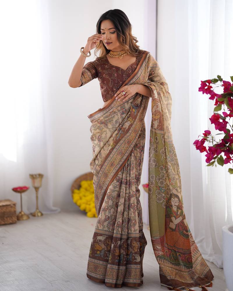 Beige color ready to wear saree with unstich blouse