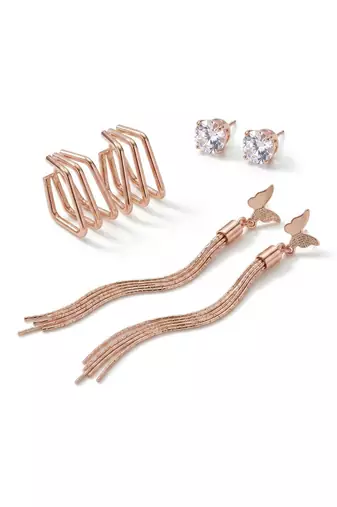 Wo  Set of 3 Rose-Gold-Plated Pear-Beaded Hoop Earrings