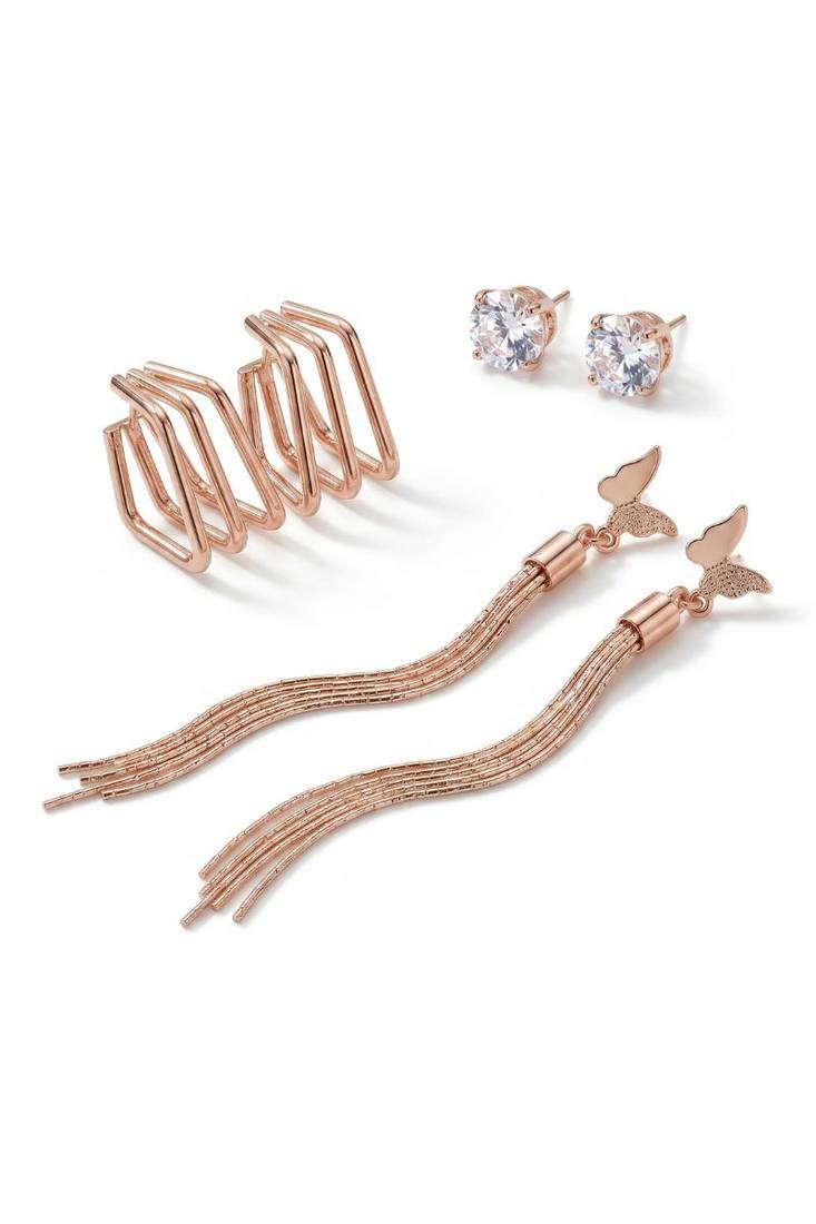 Wo  Set of 3 Rose-Gold-Plated Pear-Beaded Hoop Earrings