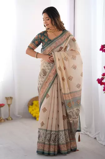 Beige color ready to wear saree with unstich blouse