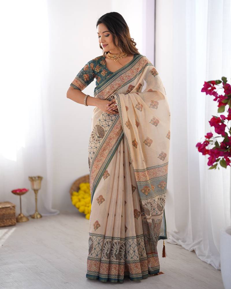 Beige color ready to wear saree with unstich blouse
