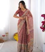 Maroon color ready to wear saree with unstich blouse