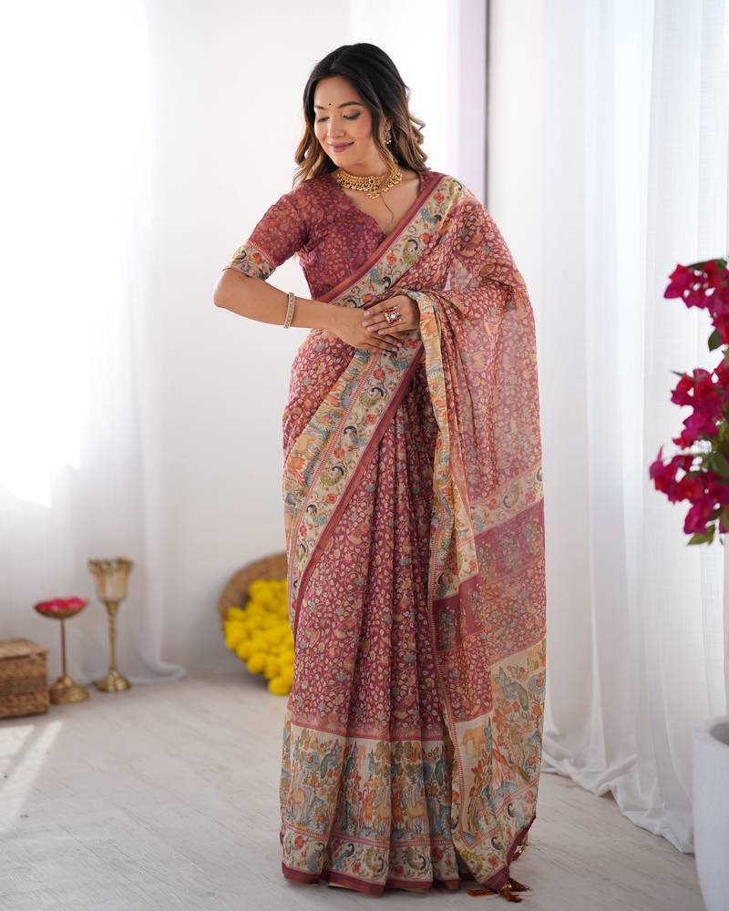 Maroon color ready to wear saree with unstich blouse