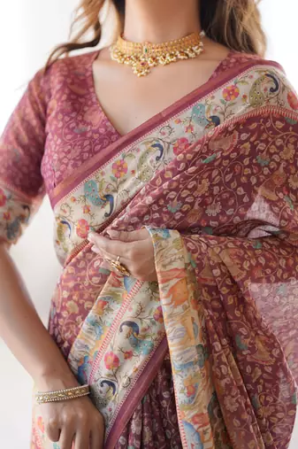 Maroon color ready to wear saree with unstich blouse