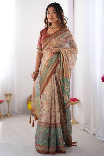 Beige color ready to wear saree with unstich blouse