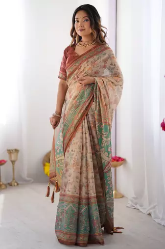 Beige color ready to wear saree with unstich blouse